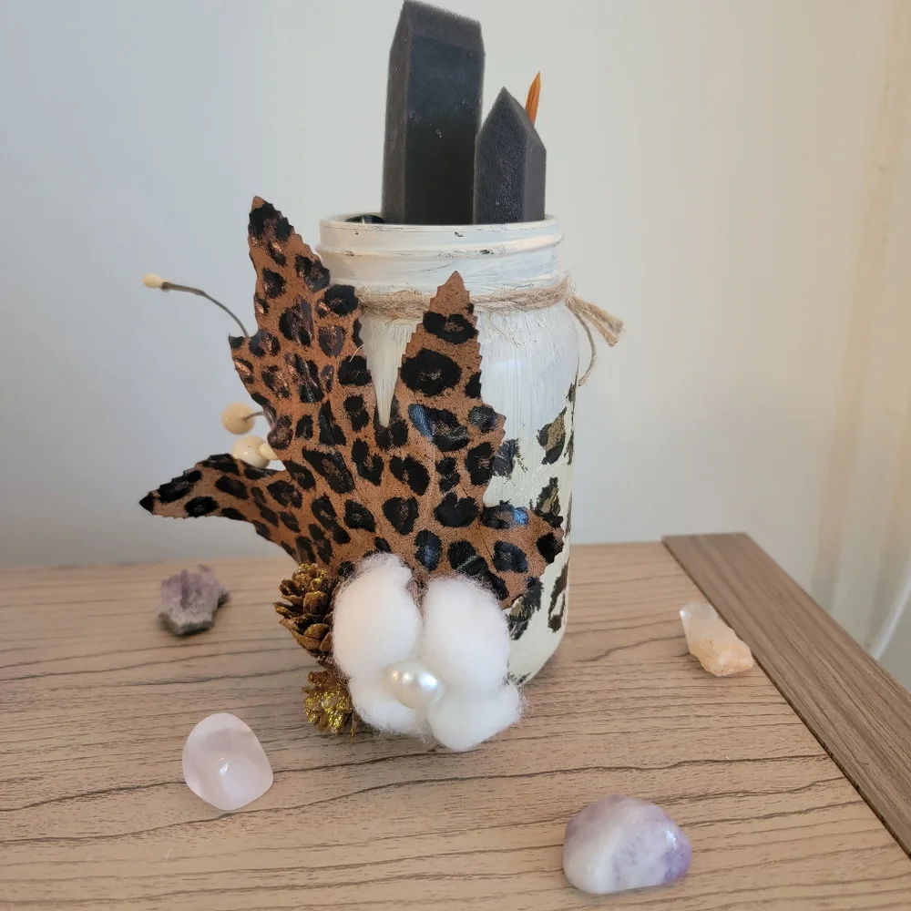 Decoupage Fall/Autumn leaf Animal print Mason jar Handmade